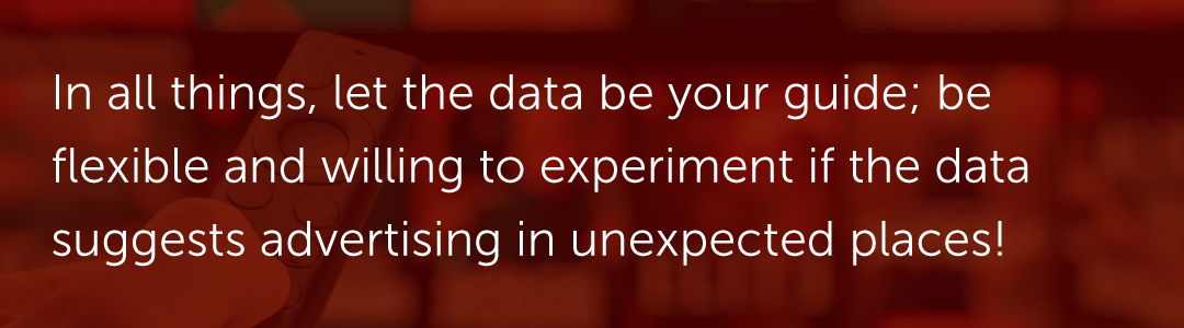 In all things, let the data be your guide; be flexible and willing to experiment if the data suggests advertising in unexpected places