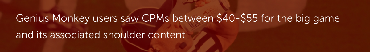 Genius Monkey users saw CPMs between $40-$55 for the big game and its associated shoulder content.