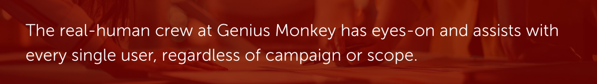 The real-human crew at Genius Monkey has eyes-on and assists with every single user, regardless of campaign or scope.