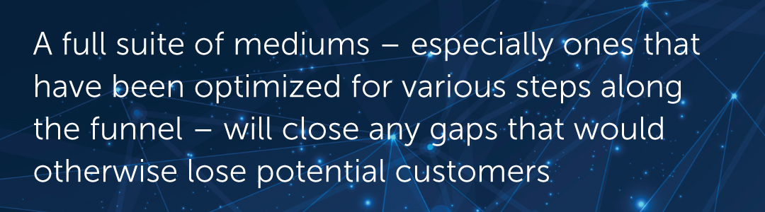 A full suite of mediums – especially ones that have been optimized for various steps along the funnel – will close any gaps that would otherwise lose potential customers