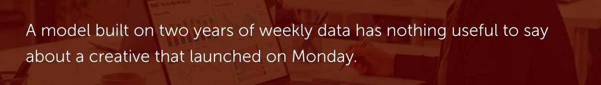 A model built on two years of weekly data has nothing useful to say about a creative that launched on Monday.