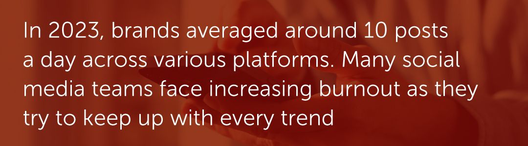 In 2023, brands averaged around 10 posts a day across various platforms. Many social media teams face increasing burnout as they try to keep up with every trend.