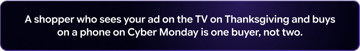 A shopper who sees your ad on the TV on Thanksgiving and buys on a phone on Cyber Monday is one buyer, not two.