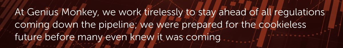 At Genius Monkey, we work tirelessly to stay ahead of all regulations coming down the pipeline; we were prepared for the cookieless future before many even knew it was coming