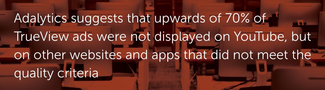 Adalytics suggests that upwards of 70% of TrueView ads were not displayed on YouTube, but on other websites and apps that did not meet the quality criteria