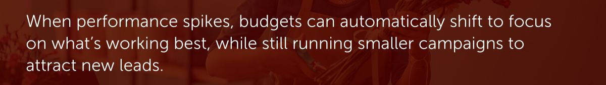 When performance spikes, budgets can automatically shift to focus on what’s working best, while still running smaller campaigns to attract new leads.