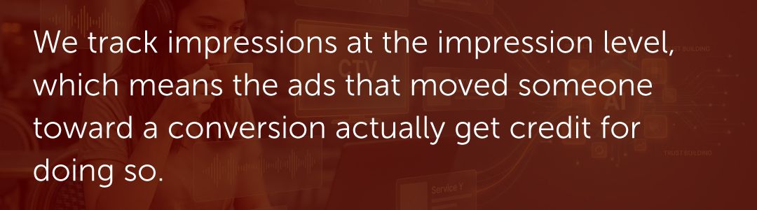 We track impressions at the impression level, which means the ads that moved someone toward a conversion actually get credit for doing so.