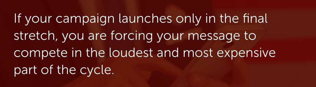 If your campaign launches only in the final stretch, you are forcing your message to compete in the loudest and most expensive part of the cycle.
